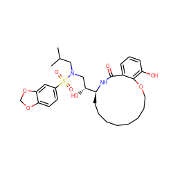 CC(C)CN(C[C@@H](O)[C@@H]1CCCCCCCCOc2c(O)cccc2C(=O)N1)S(=O)(=O)c1ccc2c(c1)OCO2 ZINC000014946398