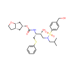 CC(C)CN(C[C@@H](O)[C@H](CSc1ccccc1)NC(=O)O[C@@H]1C[C@@H]2CCO[C@@H]2C1)S(=O)(=O)c1ccc(CO)cc1 ZINC000029042333