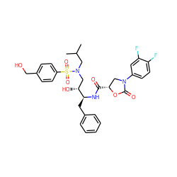 CC(C)CN(C[C@@H](O)[C@H](Cc1ccccc1)NC(=O)[C@@H]1CN(c2ccc(F)c(F)c2)C(=O)O1)S(=O)(=O)c1ccc(CO)cc1 ZINC000064436678