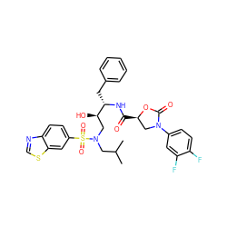 CC(C)CN(C[C@@H](O)[C@H](Cc1ccccc1)NC(=O)[C@@H]1CN(c2ccc(F)c(F)c2)C(=O)O1)S(=O)(=O)c1ccc2ncsc2c1 ZINC000072136357