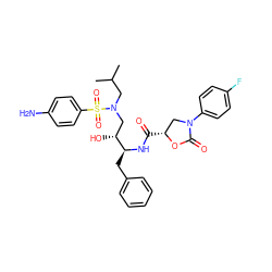 CC(C)CN(C[C@@H](O)[C@H](Cc1ccccc1)NC(=O)[C@@H]1CN(c2ccc(F)cc2)C(=O)O1)S(=O)(=O)c1ccc(N)cc1 ZINC000064447012