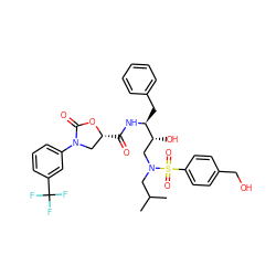 CC(C)CN(C[C@@H](O)[C@H](Cc1ccccc1)NC(=O)[C@@H]1CN(c2cccc(C(F)(F)F)c2)C(=O)O1)S(=O)(=O)c1ccc(CO)cc1 ZINC000072138097