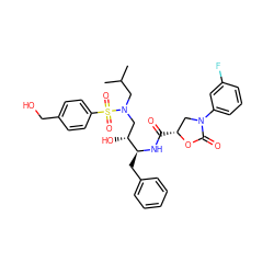 CC(C)CN(C[C@@H](O)[C@H](Cc1ccccc1)NC(=O)[C@@H]1CN(c2cccc(F)c2)C(=O)O1)S(=O)(=O)c1ccc(CO)cc1 ZINC000064447085
