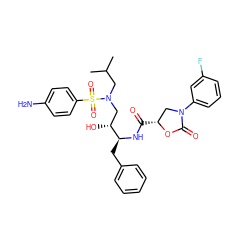 CC(C)CN(C[C@@H](O)[C@H](Cc1ccccc1)NC(=O)[C@@H]1CN(c2cccc(F)c2)C(=O)O1)S(=O)(=O)c1ccc(N)cc1 ZINC000014951371