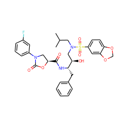 CC(C)CN(C[C@@H](O)[C@H](Cc1ccccc1)NC(=O)[C@@H]1CN(c2cccc(F)c2)C(=O)O1)S(=O)(=O)c1ccc2c(c1)OCO2 ZINC000014951398