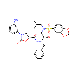 CC(C)CN(C[C@@H](O)[C@H](Cc1ccccc1)NC(=O)[C@@H]1CN(c2cccc(N)c2)C(=O)O1)S(=O)(=O)c1ccc2c(c1)OCO2 ZINC000064446888