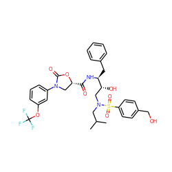 CC(C)CN(C[C@@H](O)[C@H](Cc1ccccc1)NC(=O)[C@@H]1CN(c2cccc(OC(F)(F)F)c2)C(=O)O1)S(=O)(=O)c1ccc(CO)cc1 ZINC000072138102