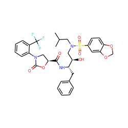 CC(C)CN(C[C@@H](O)[C@H](Cc1ccccc1)NC(=O)[C@@H]1CN(c2ccccc2C(F)(F)F)C(=O)O1)S(=O)(=O)c1ccc2c(c1)OCO2 ZINC000072138075