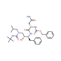 CC(C)CN(C[C@@H](O)[C@H](Cc1ccccc1)NC(=O)[C@H](CC(N)=O)NC(=O)OCc1ccccc1)C(=O)NC(C)(C)C ZINC000014943011