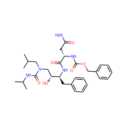 CC(C)CN(C[C@@H](O)[C@H](Cc1ccccc1)NC(=O)[C@H](CC(N)=O)NC(=O)OCc1ccccc1)C(=O)NC(C)C ZINC000014943010