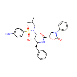 CC(C)CN(C[C@@H](O)[C@H](Cc1ccccc1)NC(=O)[C@H]1CN(c2ccccc2)C(=O)O1)S(=O)(=O)c1ccc(N)cc1 ZINC000014951342