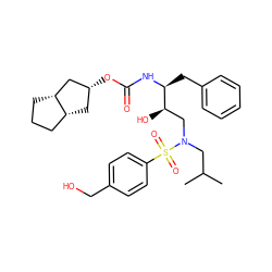 CC(C)CN(C[C@@H](O)[C@H](Cc1ccccc1)NC(=O)O[C@@H]1C[C@@H]2CCC[C@@H]2C1)S(=O)(=O)c1ccc(CO)cc1 ZINC000100388398