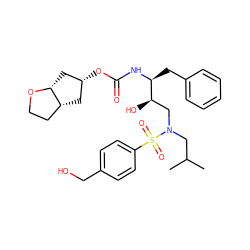 CC(C)CN(C[C@@H](O)[C@H](Cc1ccccc1)NC(=O)O[C@@H]1C[C@@H]2CCO[C@@H]2C1)S(=O)(=O)c1ccc(CO)cc1 ZINC000014954111