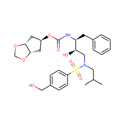 CC(C)CN(C[C@@H](O)[C@H](Cc1ccccc1)NC(=O)O[C@H]1C[C@@H]2OCO[C@@H]2C1)S(=O)(=O)c1ccc(CO)cc1 ZINC000117173334