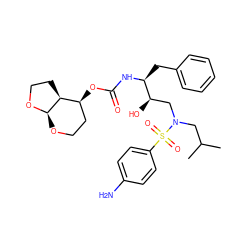 CC(C)CN(C[C@@H](O)[C@H](Cc1ccccc1)NC(=O)O[C@H]1CCO[C@H]2OCC[C@@H]12)S(=O)(=O)c1ccc(N)cc1 ZINC000066104050