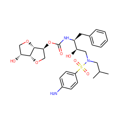 CC(C)CN(C[C@@H](O)[C@H](Cc1ccccc1)NC(=O)O[C@H]1CO[C@@H]2[C@H](O)CO[C@H]12)S(=O)(=O)c1ccc(N)cc1 ZINC000169347527