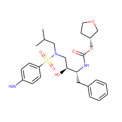 CC(C)CN(C[C@H](O)[C@@H](Cc1ccccc1)NC(=O)O[C@@H]1CCOC1)S(=O)(=O)c1ccc(N)cc1 ZINC000003871538