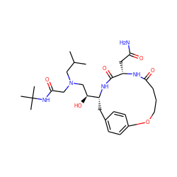 CC(C)CN(CC(=O)NC(C)(C)C)C[C@H](O)[C@H]1Cc2ccc(cc2)OCCCC(=O)N[C@@H](CC(N)=O)C(=O)N1 ZINC000026573227