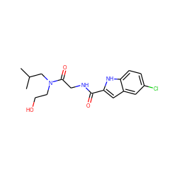 CC(C)CN(CCO)C(=O)CNC(=O)c1cc2cc(Cl)ccc2[nH]1 ZINC000028133051