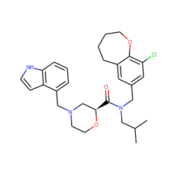 CC(C)CN(Cc1cc(Cl)c2c(c1)CCCCO2)C(=O)[C@@H]1CN(Cc2cccc3[nH]ccc23)CCO1 ZINC000114099113