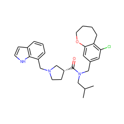 CC(C)CN(Cc1cc(Cl)c2c(c1)OCCCC2)C(=O)[C@@H]1CCN(Cc2cccc3cc[nH]c23)C1 ZINC000114099285