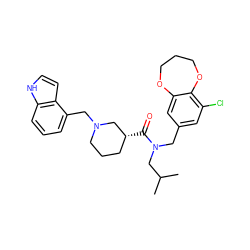 CC(C)CN(Cc1cc(Cl)c2c(c1)OCCCO2)C(=O)[C@@H]1CCCN(Cc2cccc3[nH]ccc23)C1 ZINC000114101083