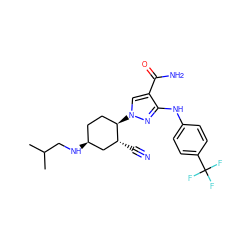 CC(C)CN[C@H]1CC[C@@H](n2cc(C(N)=O)c(Nc3ccc(C(F)(F)F)cc3)n2)[C@H](C#N)C1 ZINC000221860531