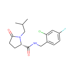 CC(C)CN1C(=O)CC[C@H]1C(=O)NCc1ccc(F)cc1Cl ZINC000058582691