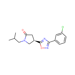 CC(C)CN1C[C@H](c2nc(-c3cccc(Cl)c3)no2)CC1=O ZINC000084689962