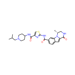 CC(C)CN1CCC(NC(=O)c2csc(NC(=O)c3ccc4cc5n(c4c3)[C@H](C)CNC5=O)n2)CC1 ZINC000029127868