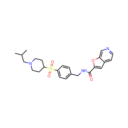 CC(C)CN1CCC(S(=O)(=O)c2ccc(CNC(=O)c3cc4ccncc4o3)cc2)CC1 ZINC000223631011