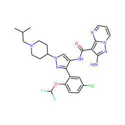 CC(C)CN1CCC(n2cc(NC(=O)c3c(N)nn4cccnc34)c(-c3cc(Cl)ccc3OC(F)F)n2)CC1 ZINC001772631171