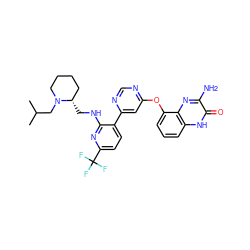 CC(C)CN1CCCC[C@@H]1CNc1nc(C(F)(F)F)ccc1-c1cc(Oc2cccc3[nH]c(=O)c(N)nc23)ncn1 ZINC000044351241