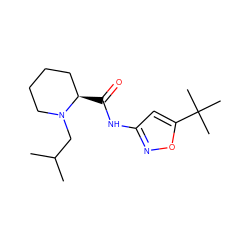 CC(C)CN1CCCC[C@H]1C(=O)Nc1cc(C(C)(C)C)on1 ZINC000143692079