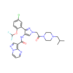 CC(C)CN1CCN(C(=O)Cn2cc(NC(=O)c3cnn4cccnc34)c(-c3cc(Cl)ccc3OC(F)F)n2)CC1 ZINC001772589222