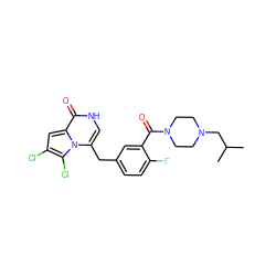 CC(C)CN1CCN(C(=O)c2cc(Cc3c[nH]c(=O)c4cc(Cl)c(Cl)n34)ccc2F)CC1 ZINC000045368475