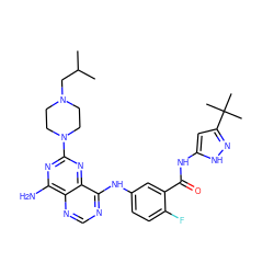 CC(C)CN1CCN(c2nc(N)c3ncnc(Nc4ccc(F)c(C(=O)Nc5cc(C(C)(C)C)n[nH]5)c4)c3n2)CC1 ZINC000148053573