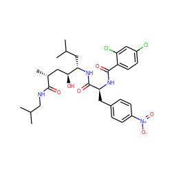 CC(C)CNC(=O)[C@H](C)C[C@H](O)[C@H](CC(C)C)NC(=O)[C@H](Cc1ccc([N+](=O)[O-])cc1)NC(=O)c1ccc(Cl)cc1Cl ZINC000049784978