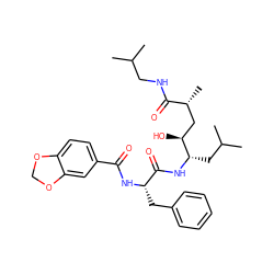 CC(C)CNC(=O)[C@H](C)C[C@H](O)[C@H](CC(C)C)NC(=O)[C@H](Cc1ccccc1)NC(=O)c1ccc2c(c1)OCO2 ZINC000049777716