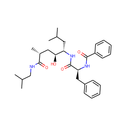 CC(C)CNC(=O)[C@H](C)C[C@H](O)[C@H](CC(C)C)NC(=O)[C@H](Cc1ccccc1)NC(=O)c1ccccc1 ZINC000049793589