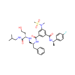CC(C)CNC(=O)[C@H](CCO)NC[C@H](Cc1ccccc1)NC(=O)c1cc(C(=O)N[C@H](C)c2ccc(F)cc2)cc(N(C)S(C)(=O)=O)c1 ZINC000034803883