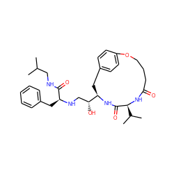 CC(C)CNC(=O)[C@H](Cc1ccccc1)NC[C@@H](O)[C@H]1Cc2ccc(cc2)OCCCC(=O)N[C@@H](C(C)C)C(=O)N1 ZINC000026566619