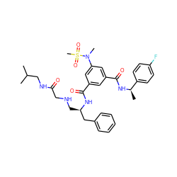 CC(C)CNC(=O)CNC[C@H](Cc1ccccc1)NC(=O)c1cc(C(=O)N[C@H](C)c2ccc(F)cc2)cc(N(C)S(C)(=O)=O)c1 ZINC000014961899