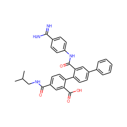 CC(C)CNC(=O)c1ccc(-c2ccc(-c3ccccc3)cc2C(=O)Nc2ccc(C(=N)N)cc2)c(C(=O)O)c1 ZINC000042920672