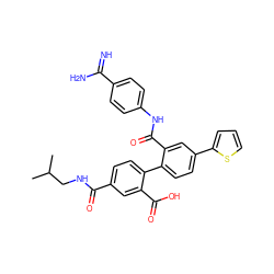 CC(C)CNC(=O)c1ccc(-c2ccc(-c3cccs3)cc2C(=O)Nc2ccc(C(=N)N)cc2)c(C(=O)O)c1 ZINC000042835079