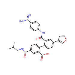 CC(C)CNC(=O)c1ccc(-c2ccc(-c3ccoc3)cc2C(=O)Nc2ccc(C(=N)N)cc2)c(C(=O)O)c1 ZINC000040979195