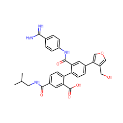 CC(C)CNC(=O)c1ccc(-c2ccc(-c3cocc3CO)cc2C(=O)Nc2ccc(C(=N)N)cc2)c(C(=O)O)c1 ZINC000042890160