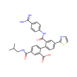 CC(C)CNC(=O)c1ccc(-c2ccc(-c3nccs3)cc2C(=O)Nc2ccc(C(=N)N)cc2)c(C(=O)O)c1 ZINC000001911200