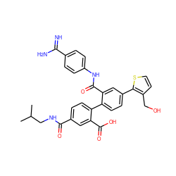 CC(C)CNC(=O)c1ccc(-c2ccc(-c3sccc3CO)cc2C(=O)Nc2ccc(C(=N)N)cc2)c(C(=O)O)c1 ZINC000042805998