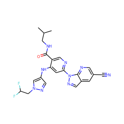 CC(C)CNC(=O)c1cnc(-n2ncc3cc(C#N)cnc32)cc1Nc1cnn(CC(F)F)c1 ZINC001772637958